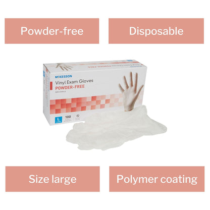 Exam Glove McKesson Large NonSterile Vinyl Standard Cuff Length Smooth Clear Not Rated, Packaging Type- Box