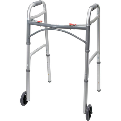 Dual Release Folding Walker with Wheels Adjustable Height McKesson Aluminum Frame 350 lbs. Weight Capacity 32 to 39 Inch Height
