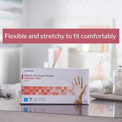 Exam Glove McKesson Large NonSterile Stretch Vinyl Standard Cuff Length Smooth Ivory Not Rated, Packaging Type- Box