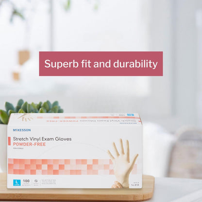 Exam Glove McKesson Large NonSterile Stretch Vinyl Standard Cuff Length Smooth Ivory Not Rated, Packaging Type- Box