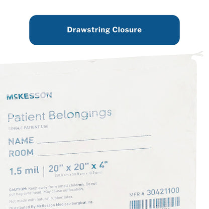 Patient Belongings Bag McKesson 4 X 20 X 20 Inch Polyethylene Drawstring Closure White, Packaging Type- Each