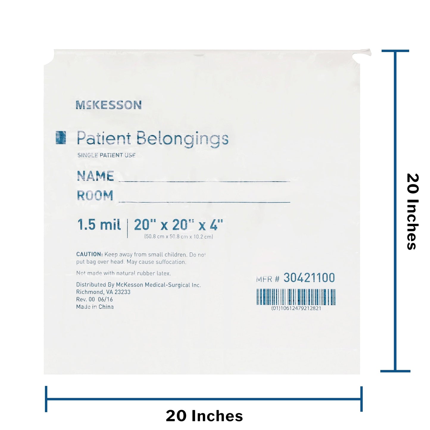 Patient Belongings Bag McKesson 4 X 20 X 20 Inch Polyethylene Drawstring Closure White, Packaging Type- Each