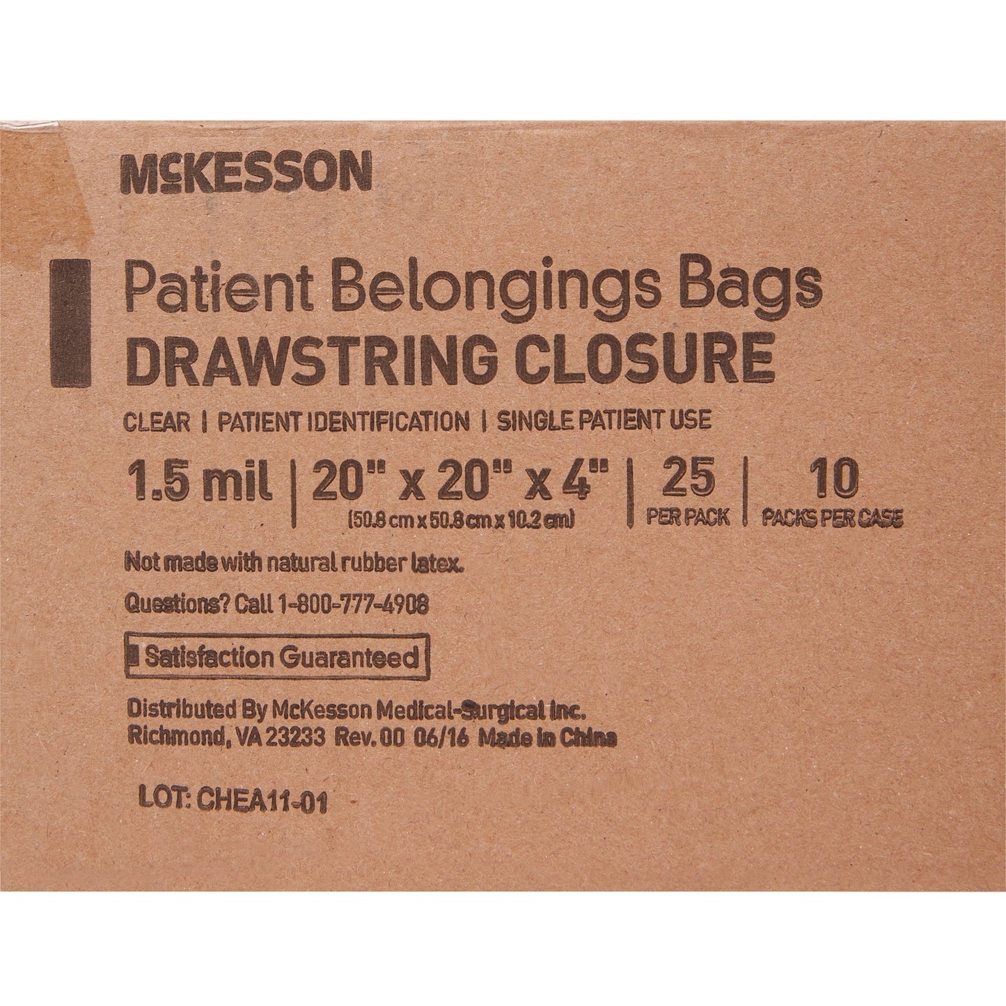 Patient Belongings Bag McKesson 4 X 20 X 20 Inch Polyethylene Drawstring Closure Clear, Packaging Type- Each