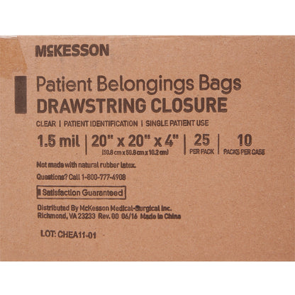 Patient Belongings Bag McKesson 4 X 20 X 20 Inch Polyethylene Drawstring Closure Clear, Packaging Type- Each