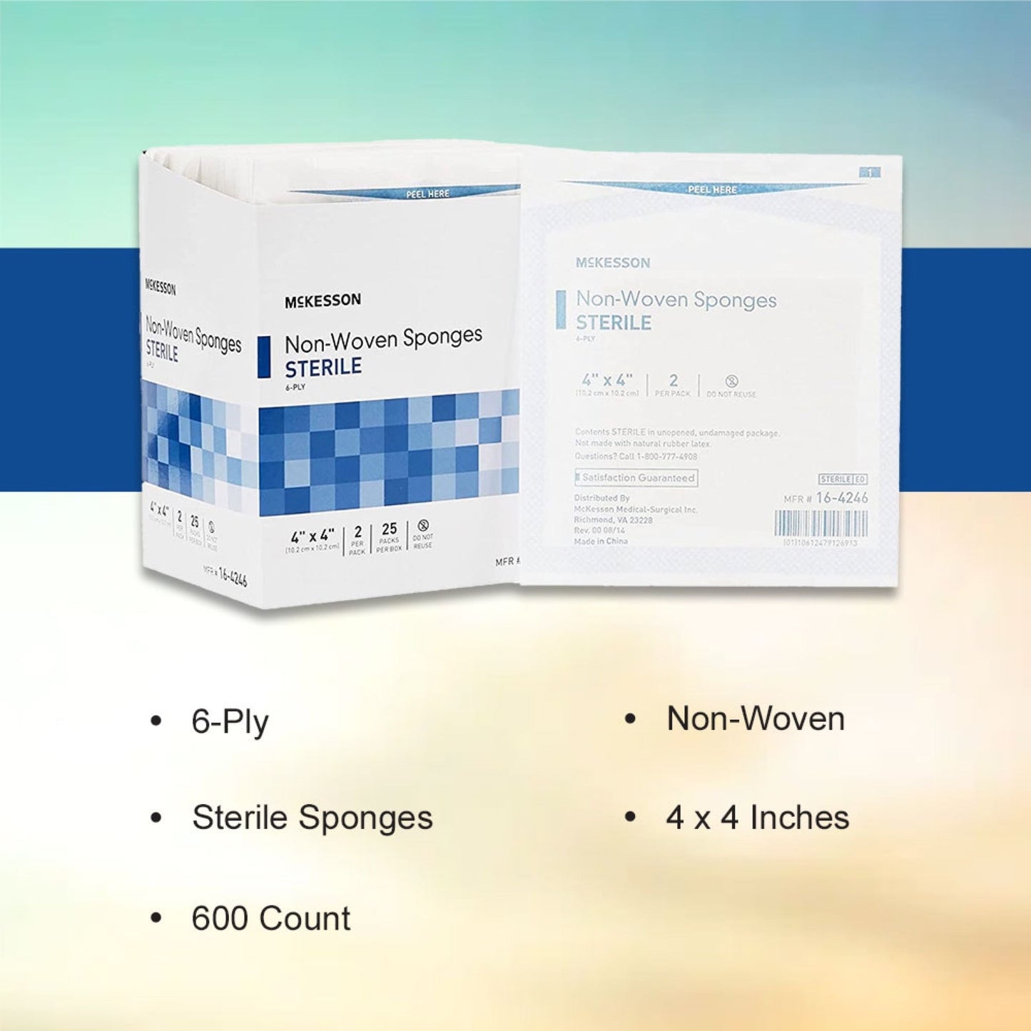 Nonwoven Sponge McKesson 4 X 4 Inch 6-Ply Sterile 2 per Pack, Packaging Type- Box