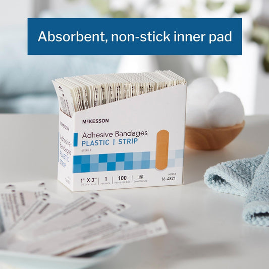Adhesive Strip McKesson 1 X 3 Inch Plastic Rectangle Tan Sterile, Packaging Type- Box
