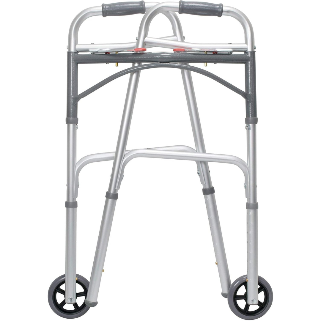 Dual Release Folding Walker with Wheels Adjustable Height McKesson Aluminum Frame 350 lbs. Weight Capacity 32 to 39 Inch Height