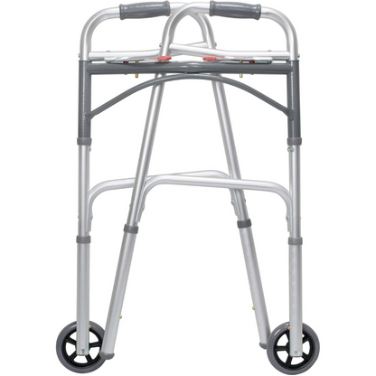 Dual Release Folding Walker with Wheels Adjustable Height McKesson Aluminum Frame 350 lbs. Weight Capacity 32 to 39 Inch Height