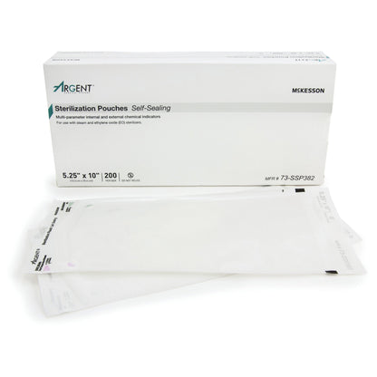 Sterilization Pouch McKesson Argent Sure-Check Ethylene Oxide (EO) Gas / Steam 5-1/4 X 10 Inch Transparent / Blue Self Seal Paper / Film, Packaging Type- Box