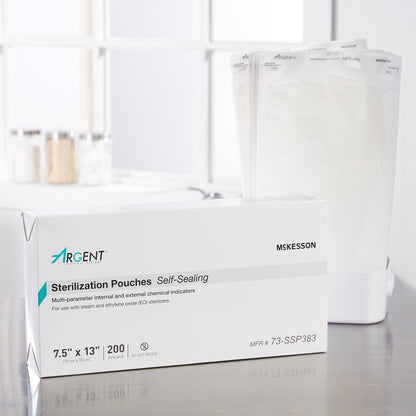 Sterilization Pouch McKesson Argent Sure-Check Ethylene Oxide (EO) Gas / Steam 7-1/2 X 13 Inch Transparent / Blue Self Seal Paper / Film, Packaging Type- Box