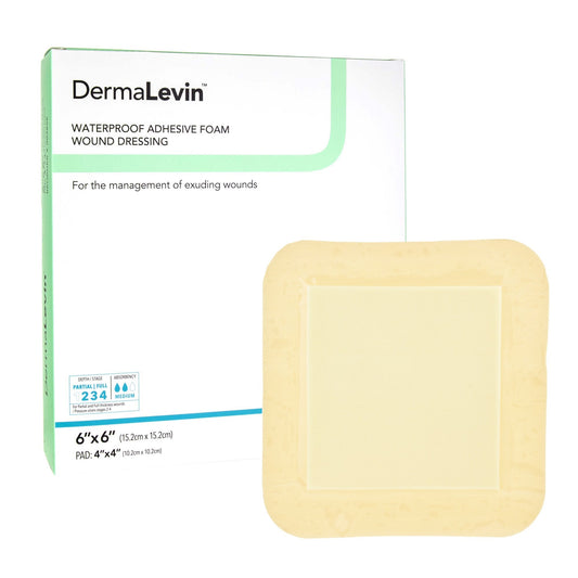 Foam Dressing DermaLevin 6 X 6 Inch With Border Waterproof Backing Hydrocolloid Adhesive Square Sterile, Packaging Type- Box