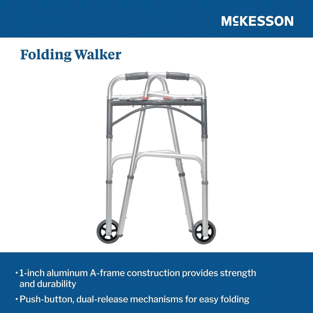 Dual Release Folding Walker with Wheels Adjustable Height McKesson Aluminum Frame 350 lbs. Weight Capacity 32 to 39 Inch Height