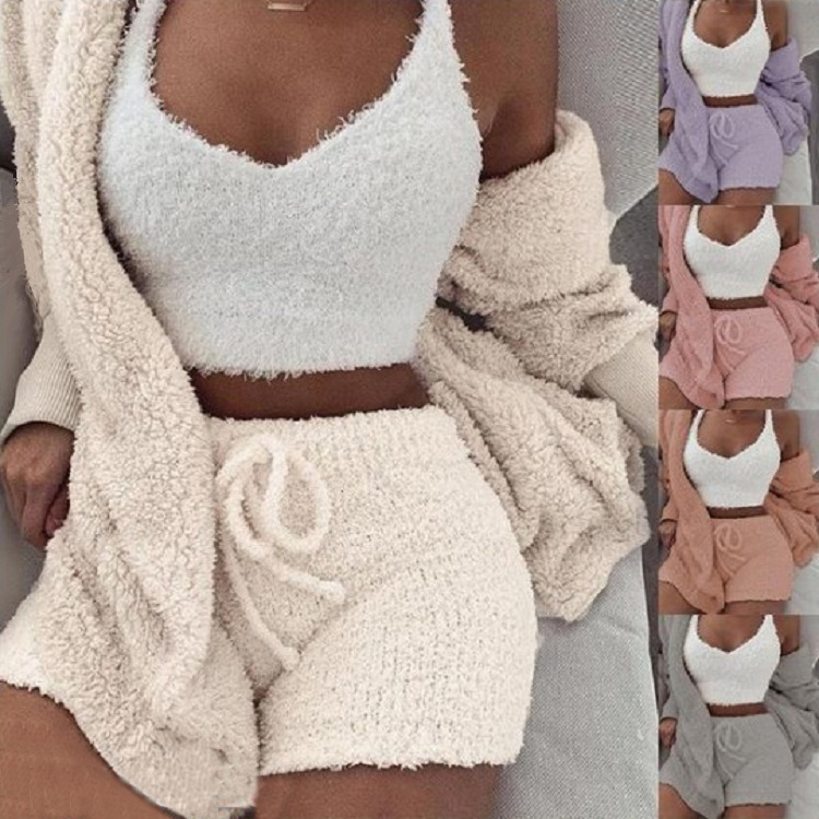Veluxe 3-Piece Women’s Velvet Lounge Set – Long Sleeve Crop Top, Tank, & Drawstring Shorts