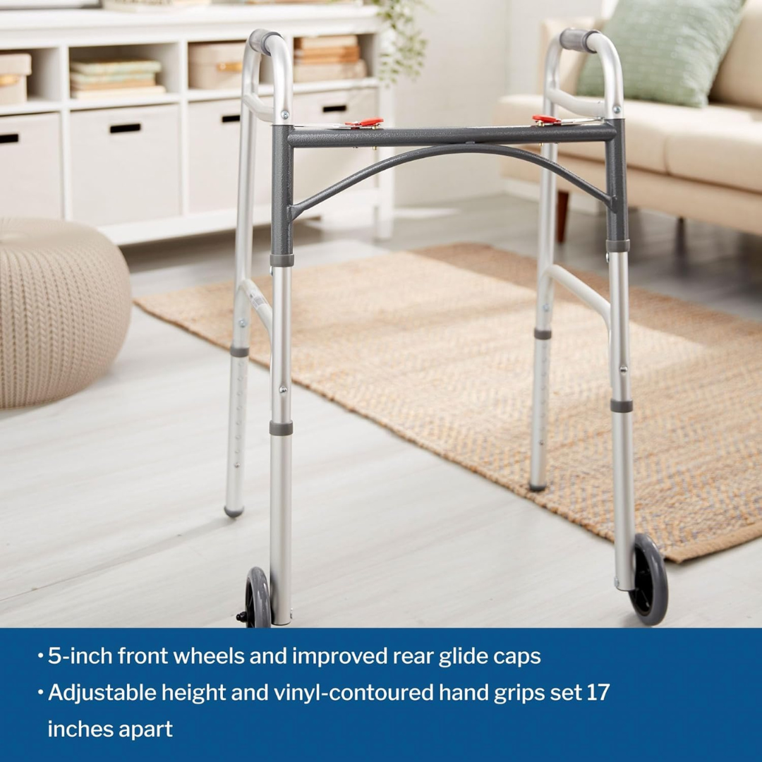 Dual Release Folding Walker with Wheels Adjustable Height McKesson Aluminum Frame 350 lbs. Weight Capacity 32 to 39 Inch Height