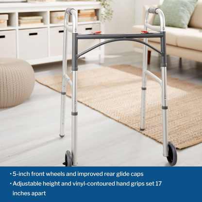 Dual Release Folding Walker with Wheels Adjustable Height McKesson Aluminum Frame 350 lbs. Weight Capacity 32 to 39 Inch Height