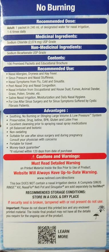 Saline Nasal Rinse Kit Neilmed Sinus Rinse 100 Packets, Packaging Type- Box