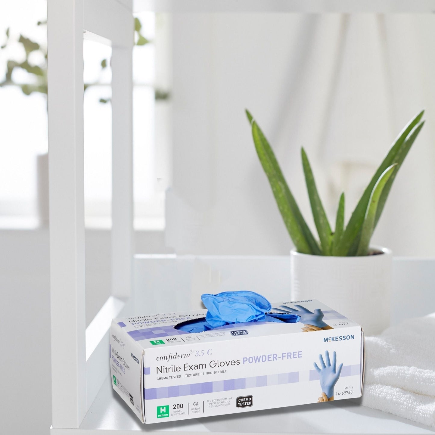 Exam Glove McKesson Confiderm 3.5C Medium NonSterile Nitrile Standard Cuff Length Textured Fingertips Blue Chemo Tested, Packaging Type- Box