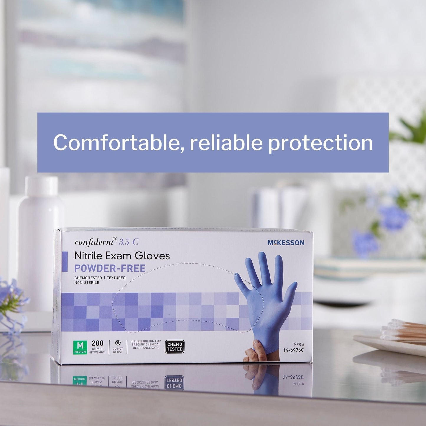 Exam Glove McKesson Confiderm 3.5C Medium NonSterile Nitrile Standard Cuff Length Textured Fingertips Blue Chemo Tested, Packaging Type- Box