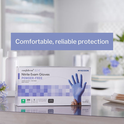 Exam Glove McKesson Confiderm 3.5C Medium NonSterile Nitrile Standard Cuff Length Textured Fingertips Blue Chemo Tested, Packaging Type- Box