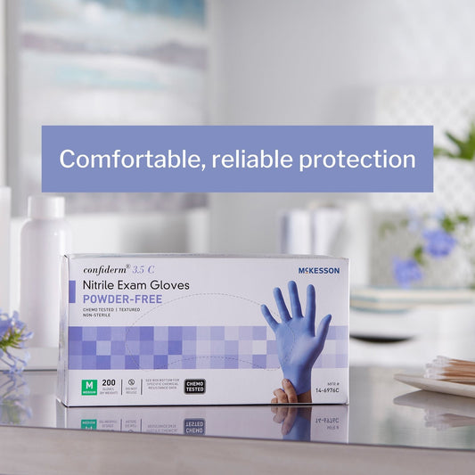 Exam Glove McKesson Confiderm 3.5C Medium NonSterile Nitrile Standard Cuff Length Textured Fingertips Blue Chemo Tested, Packaging Type- Box