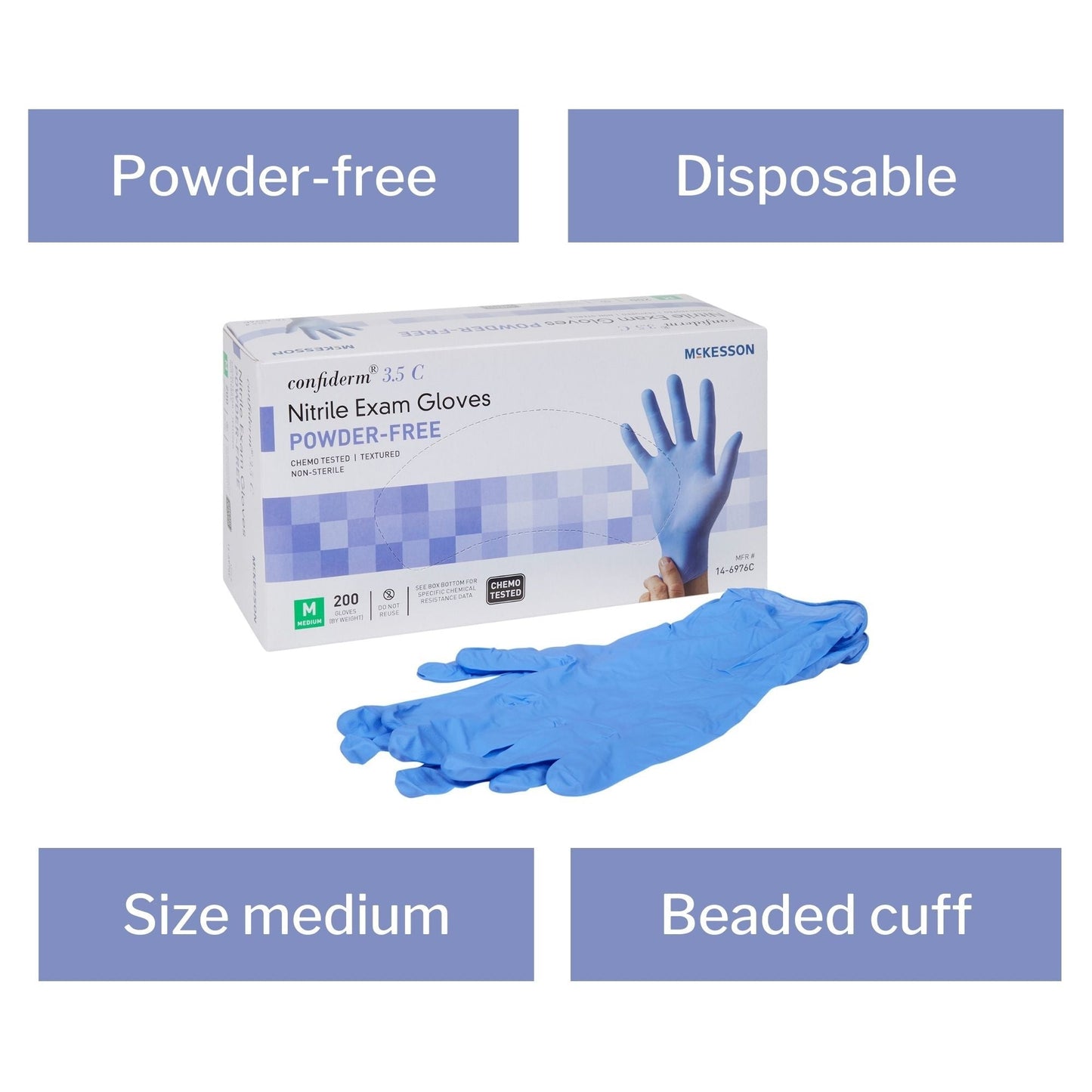 Exam Glove McKesson Confiderm 3.5C Medium NonSterile Nitrile Standard Cuff Length Textured Fingertips Blue Chemo Tested, Packaging Type- Box