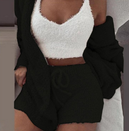 Veluxe 3-Piece Women’s Velvet Lounge Set – Long Sleeve Crop Top, Tank, & Drawstring Shorts