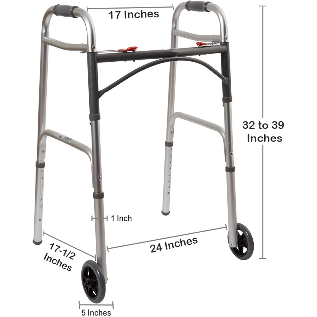 Dual Release Folding Walker with Wheels Adjustable Height McKesson Aluminum Frame 350 lbs. Weight Capacity 32 to 39 Inch Height