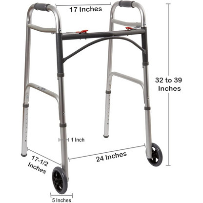 Dual Release Folding Walker with Wheels Adjustable Height McKesson Aluminum Frame 350 lbs. Weight Capacity 32 to 39 Inch Height