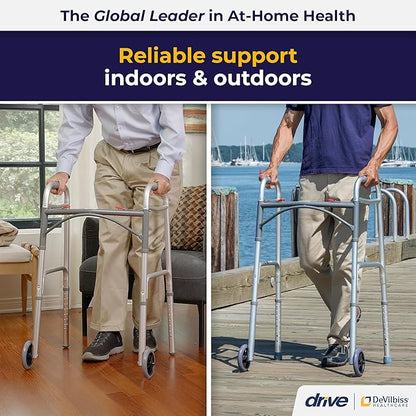 Deluxe Dual Release Folding Walker with Wheels Adjustable Height drive Deluxe Aluminum Frame 350 lbs. Weight Capacity 25 to 32-1/4 Inch Height, Packaging Type- Each