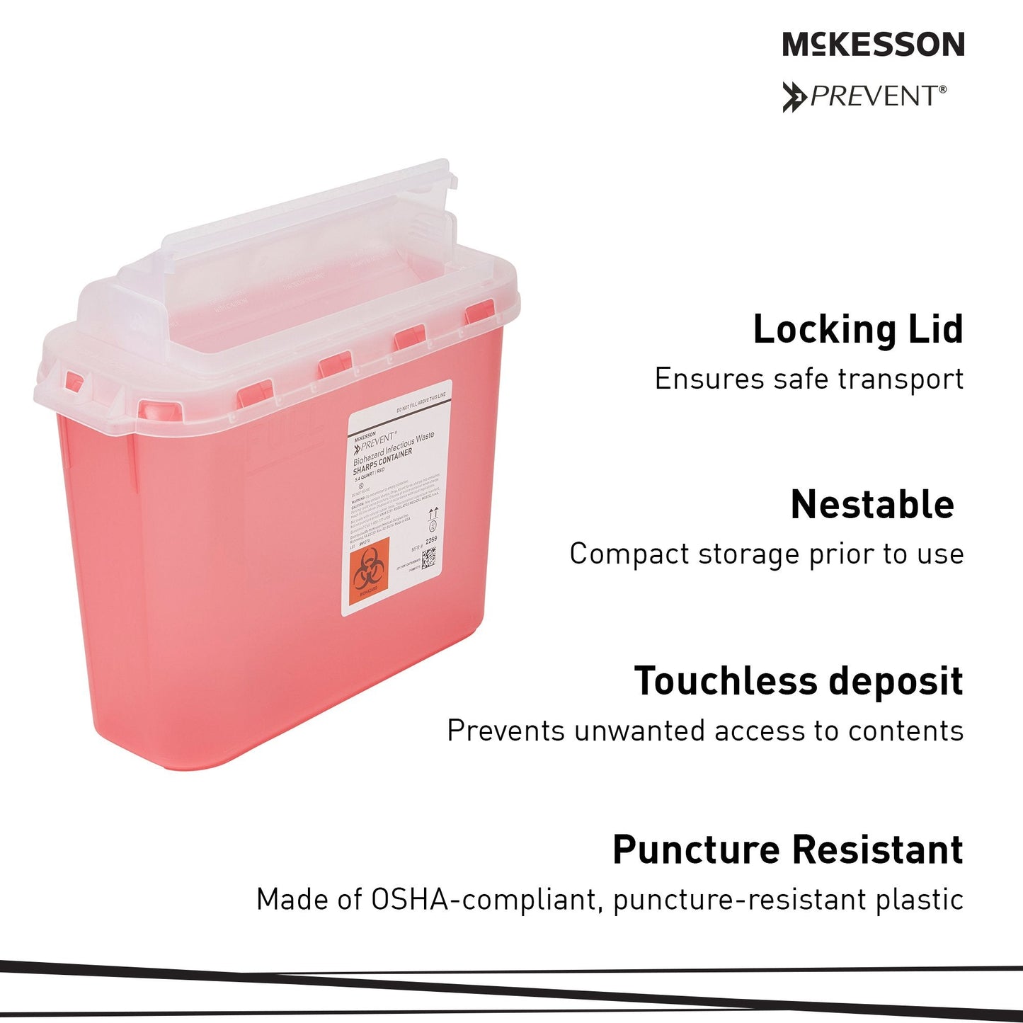 Sharps Container McKesson Prevent Red Base 11 H X 12 W X 4-3/4 D Inch Horizontal Entry 1.35 Gallon, Packaging Type- Each