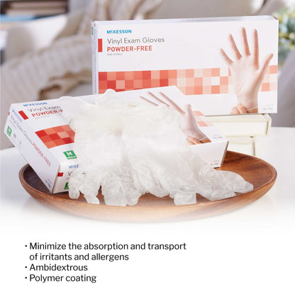 Exam Glove McKesson Confiderm Medium NonSterile Vinyl Standard Cuff Length Smooth Clear Not Rated, Packaging Type- Box