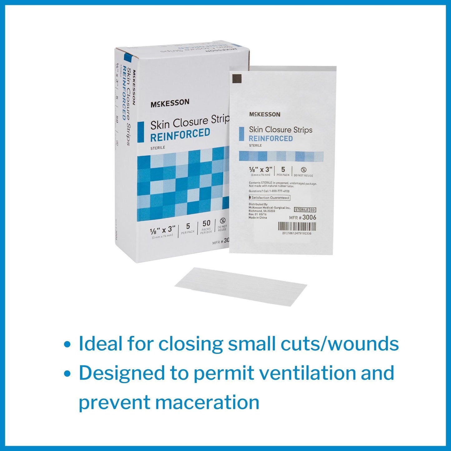 Skin Closure Strip McKesson 1/8 X 3 Inch Nonwoven Material Reinforced Strip White, Packaging Type- Box