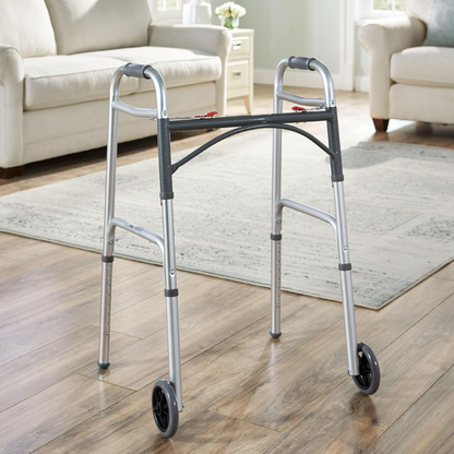 Dual Release Folding Walker with Wheels Adjustable Height McKesson Aluminum Frame 350 lbs. Weight Capacity 32 to 39 Inch Height