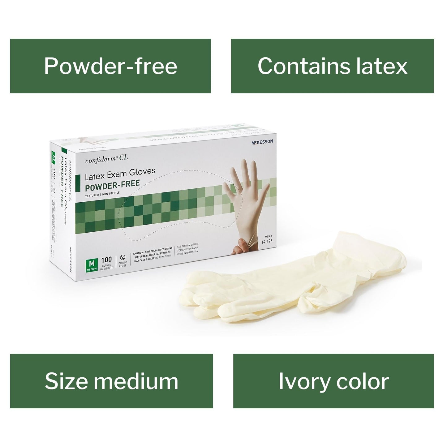 Exam Glove McKesson Confiderm Medium NonSterile Latex Standard Cuff Length Textured Fingertips Ivory Not Rated, Packaging Type- Box