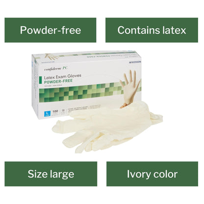 Exam Glove McKesson Confiderm Large NonSterile Latex Standard Cuff Length Fully Textured Ivory Not Rated, Packaging Type- Box