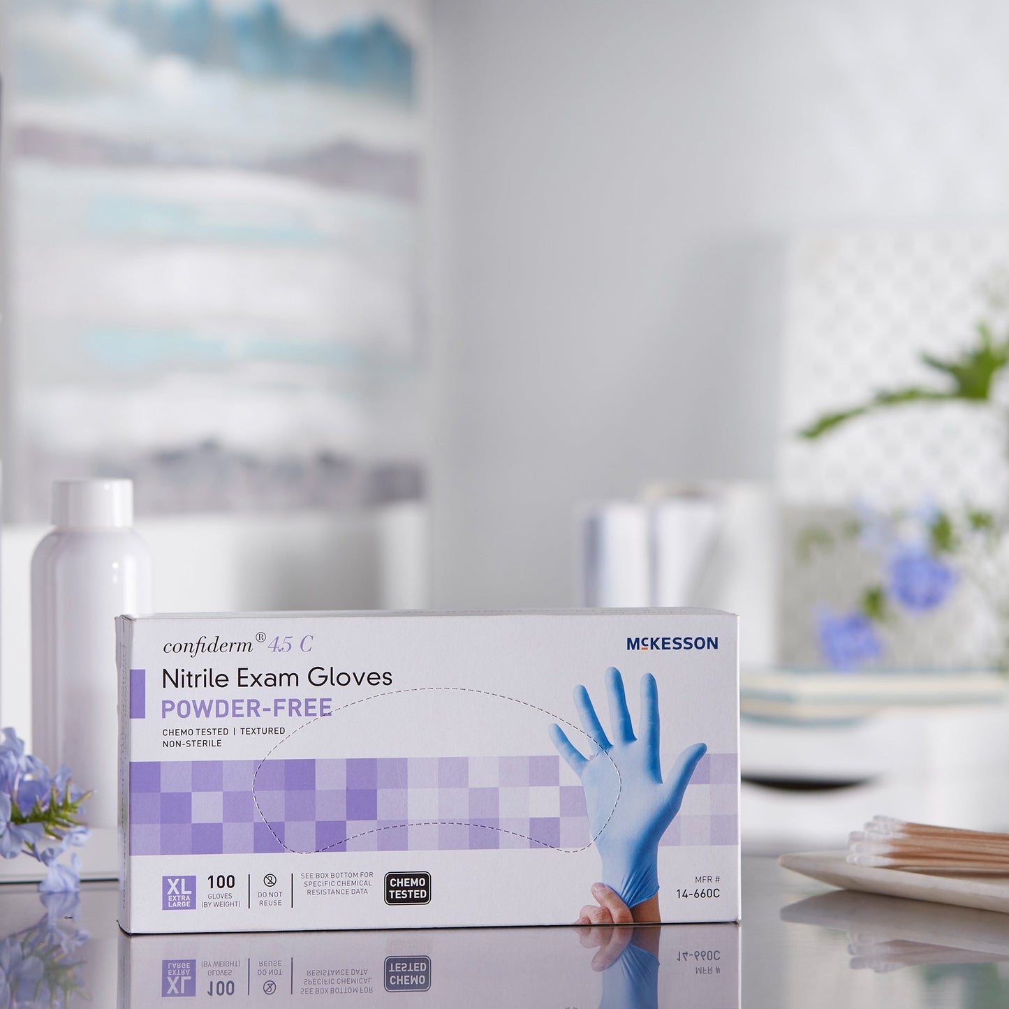 Exam Glove McKesson Confiderm 4.5C X-Large NonSterile Nitrile Standard Cuff Length Textured Fingertips Blue Chemo Tested, Packaging Type- Box