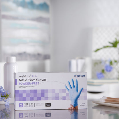 Exam Glove McKesson Confiderm 4.5C X-Large NonSterile Nitrile Standard Cuff Length Textured Fingertips Blue Chemo Tested, Packaging Type- Box