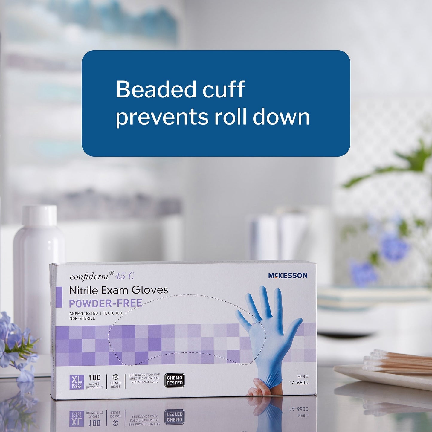 Exam Glove McKesson Confiderm 4.5C X-Large NonSterile Nitrile Standard Cuff Length Textured Fingertips Blue Chemo Tested, Packaging Type- Box