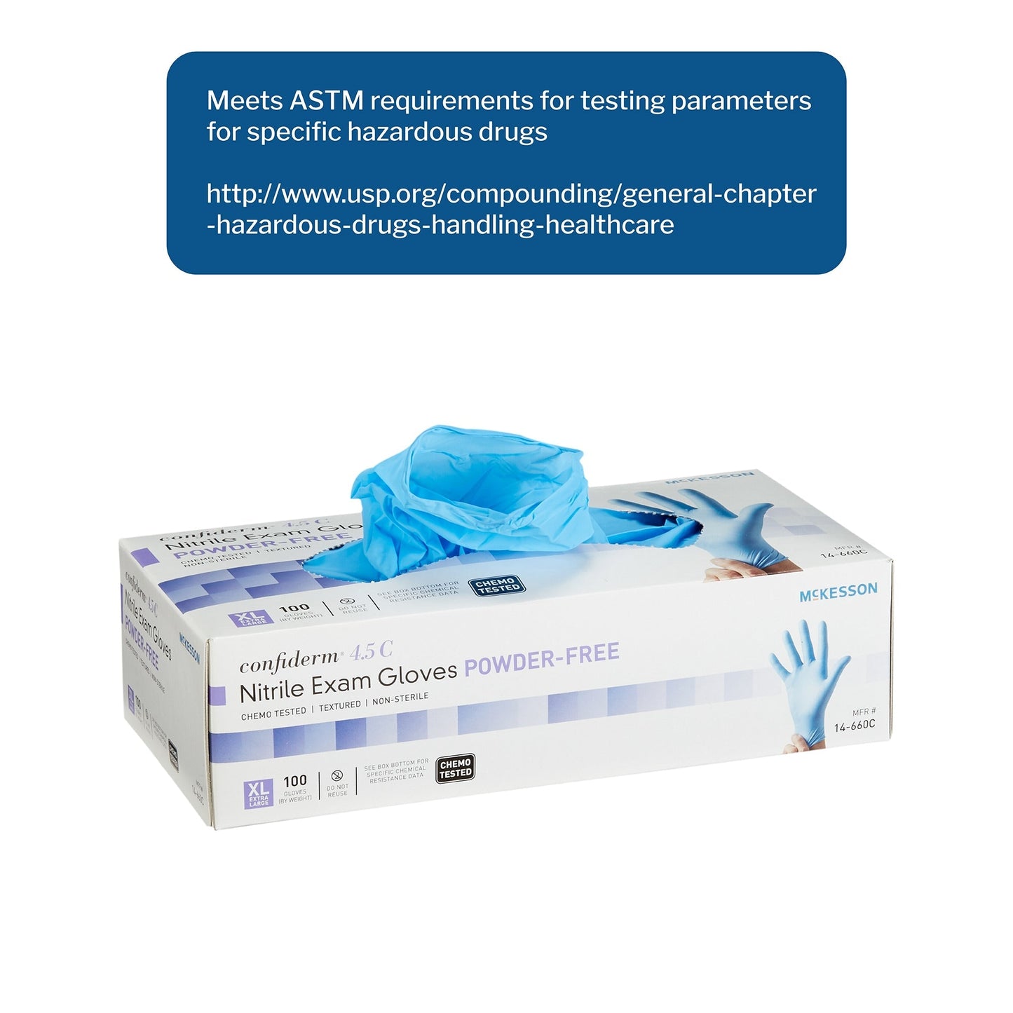 Exam Glove McKesson Confiderm 4.5C X-Large NonSterile Nitrile Standard Cuff Length Textured Fingertips Blue Chemo Tested, Packaging Type- Box