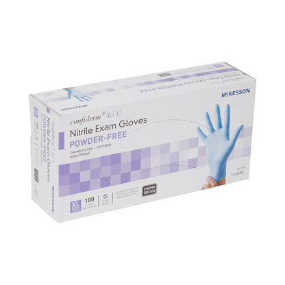 Exam Glove McKesson Confiderm 4.5C X-Large NonSterile Nitrile Standard Cuff Length Textured Fingertips Blue Chemo Tested, Packaging Type- Box