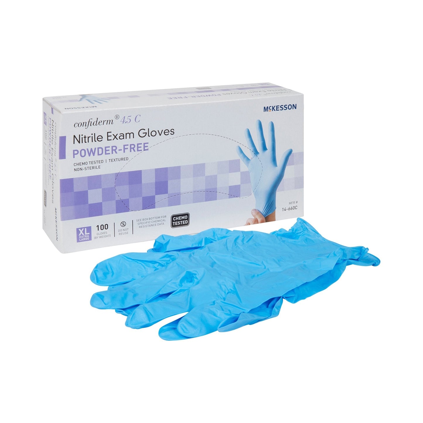 Exam Glove McKesson Confiderm 4.5C X-Large NonSterile Nitrile Standard Cuff Length Textured Fingertips Blue Chemo Tested, Packaging Type- Box