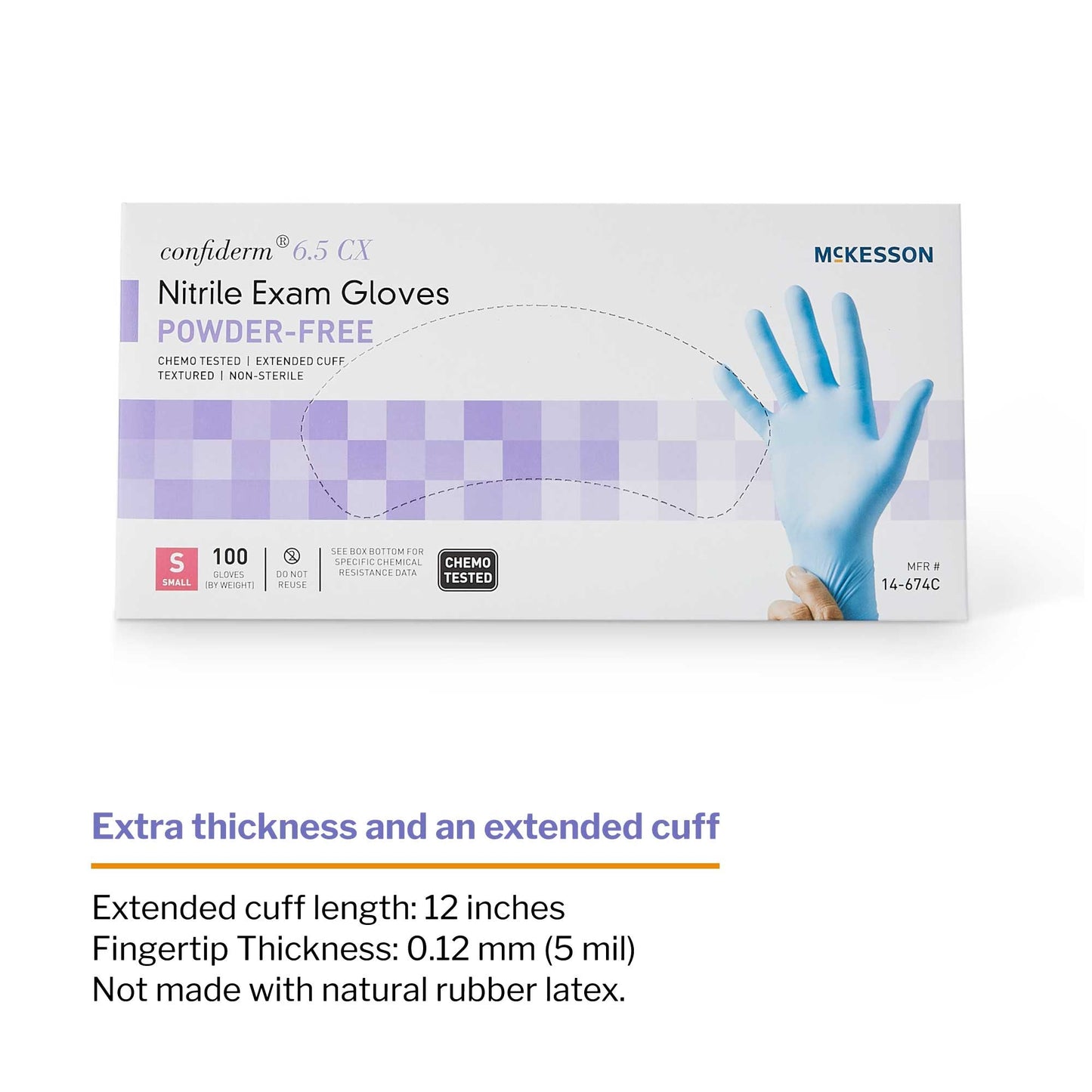 Exam Glove McKesson Confiderm 6.5CX Small NonSterile Nitrile Extended Cuff Length Textured Fingertips Blue Chemo Tested, Packaging Type- Box