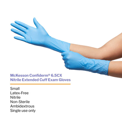 Exam Glove McKesson Confiderm 6.5CX Small NonSterile Nitrile Extended Cuff Length Textured Fingertips Blue Chemo Tested, Packaging Type- Box