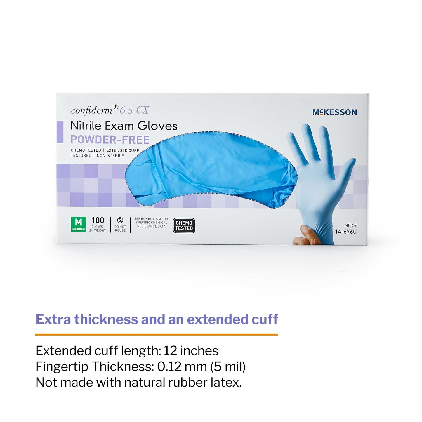 Exam Glove McKesson Confiderm 6.5CX Medium NonSterile Nitrile Extended Cuff Length Textured Fingertips Blue Chemo Tested, Packaging Type- Box