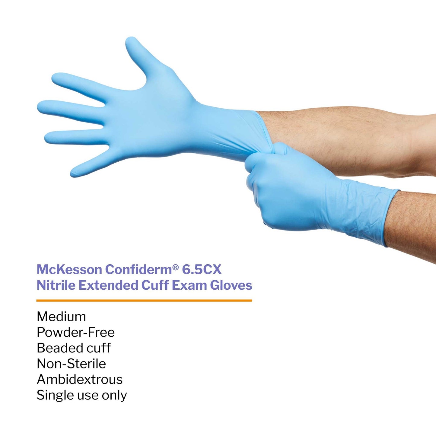 Exam Glove McKesson Confiderm 6.5CX Medium NonSterile Nitrile Extended Cuff Length Textured Fingertips Blue Chemo Tested, Packaging Type- Box