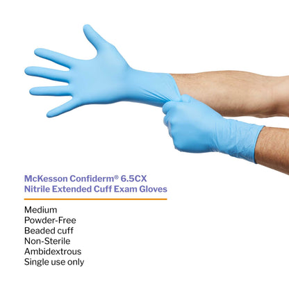 Exam Glove McKesson Confiderm 6.5CX Medium NonSterile Nitrile Extended Cuff Length Textured Fingertips Blue Chemo Tested, Packaging Type- Box