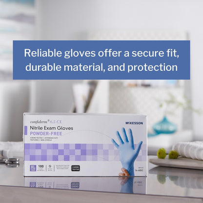 Exam Glove McKesson Confiderm 6.5CX X-Large NonSterile Nitrile Extended Cuff Length Textured Fingertips Blue Chemo Tested, Packaging Type- Box