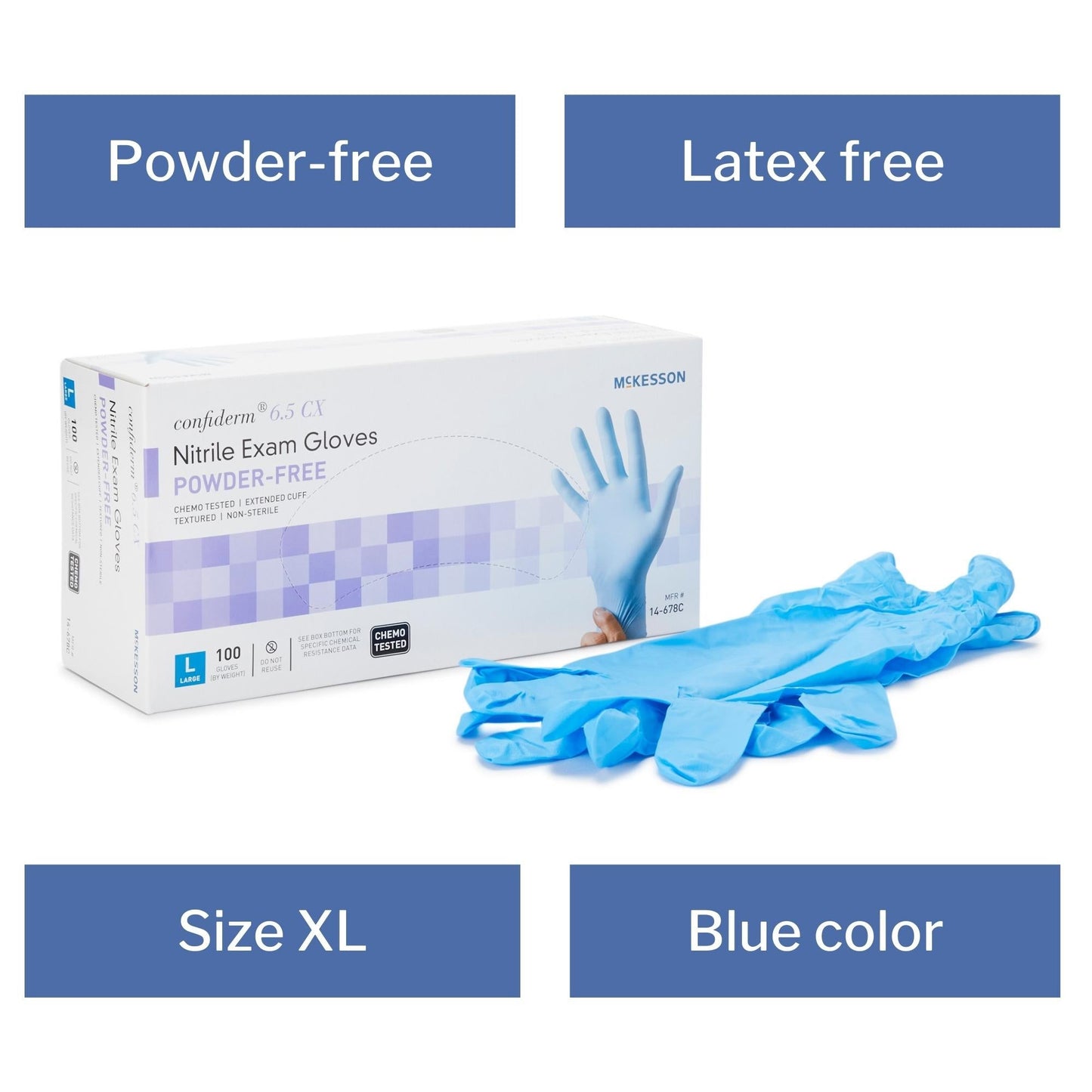 Exam Glove McKesson Confiderm 6.5CX X-Large NonSterile Nitrile Extended Cuff Length Textured Fingertips Blue Chemo Tested, Packaging Type- Box
