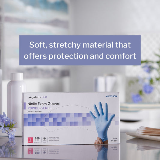Exam Glove McKesson Confiderm 3.8 Small NonSterile Nitrile Standard Cuff Length Textured Fingertips Blue Not Rated, Packaging Type- Box