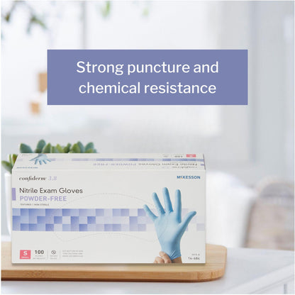 Exam Glove McKesson Confiderm 3.8 Small NonSterile Nitrile Standard Cuff Length Textured Fingertips Blue Not Rated, Packaging Type- Box